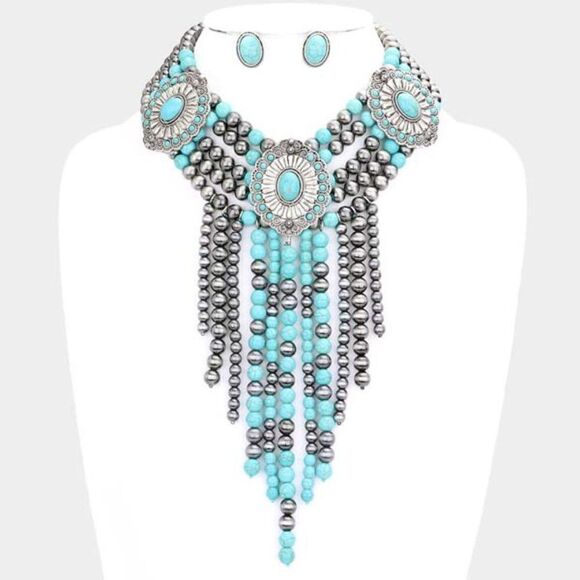 Squash Blossom Natural Stone Accented Layered Fringe Bib Necklace Set - Picture 8 of 10